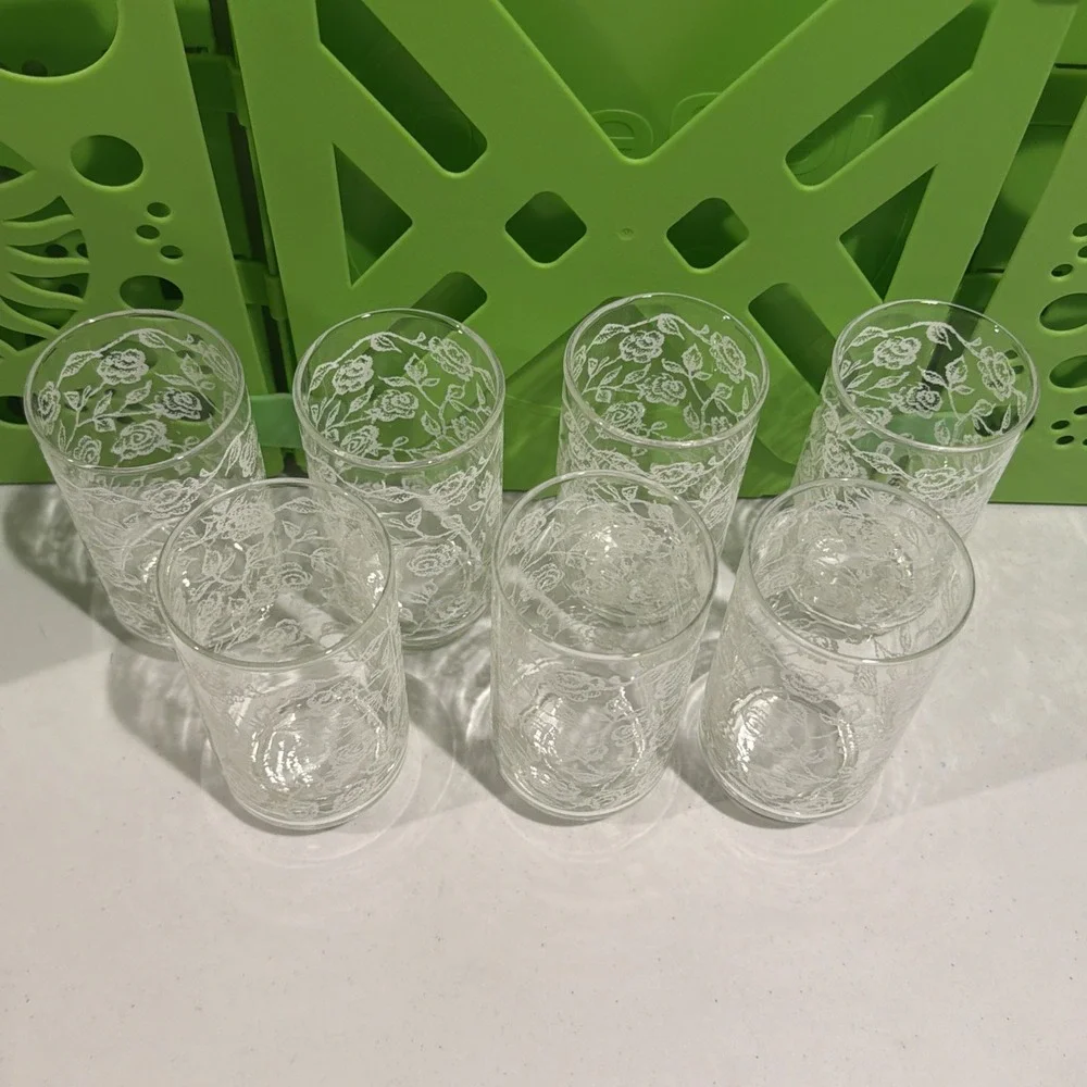 Vtg MCM Libbey 12 Oz Glass Tumbler Embossed White Rose Floral Pattern Set Of 7